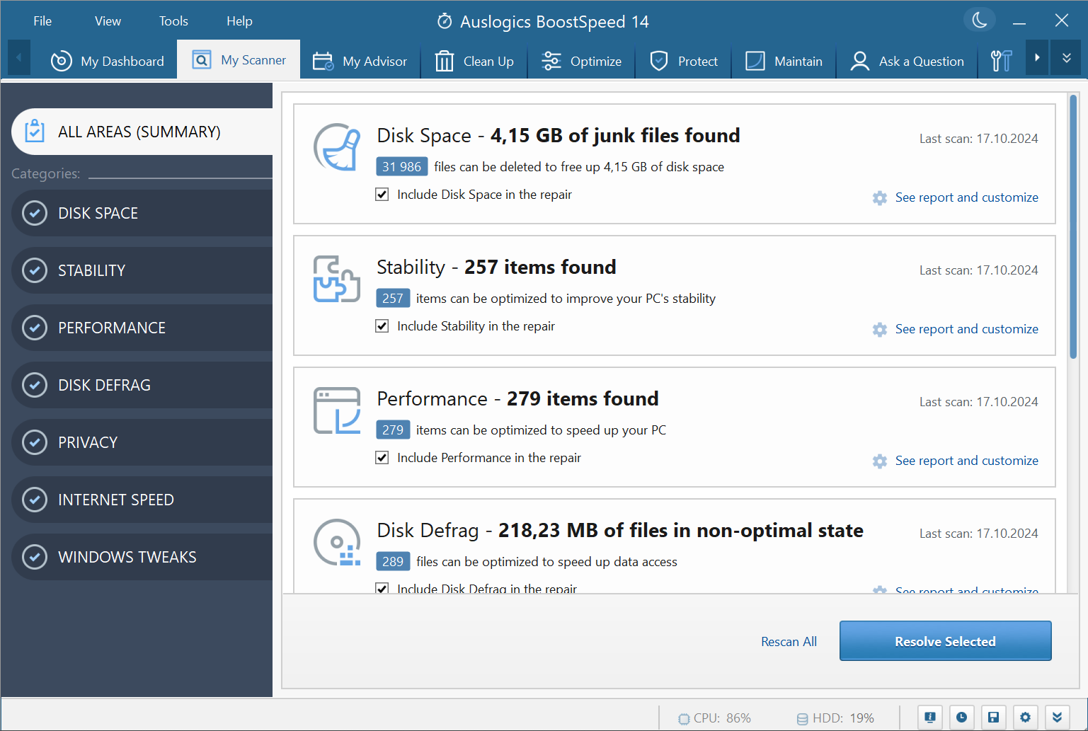 screenshot of Auslogics BoostSpeed